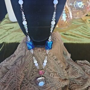 Handcrafted Blue Glass & White Bead Pendant Necklace